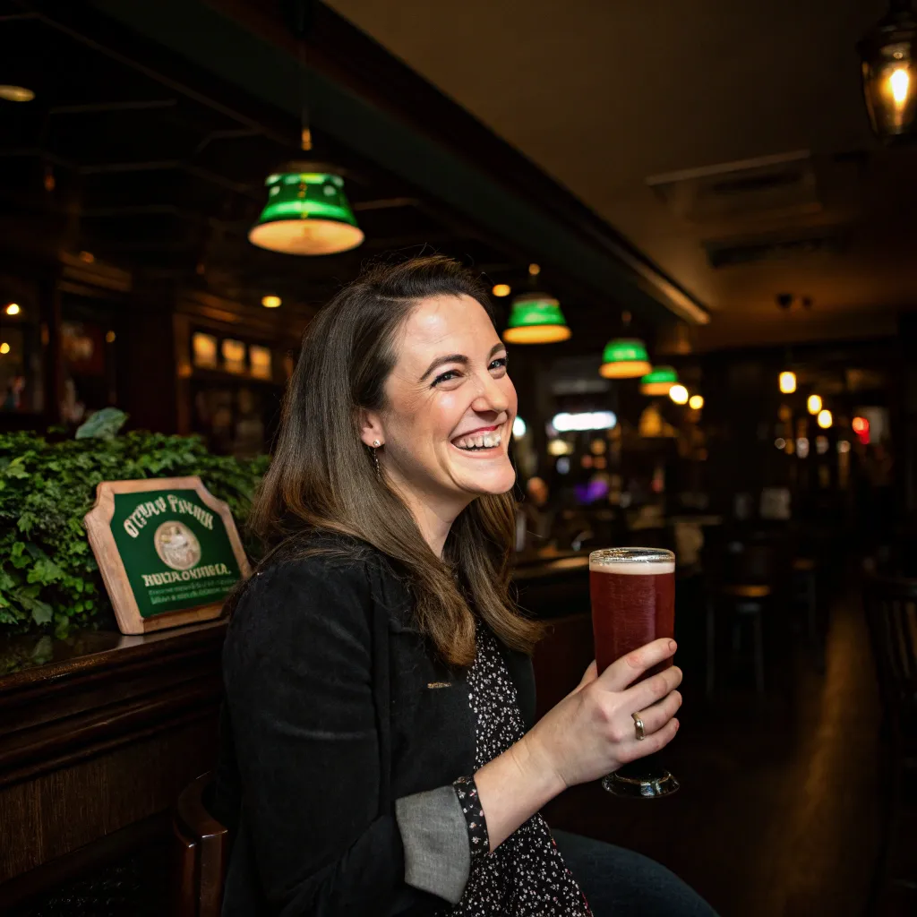 Mary Smith, smiling and holding a drink at PADDYOKELLYS